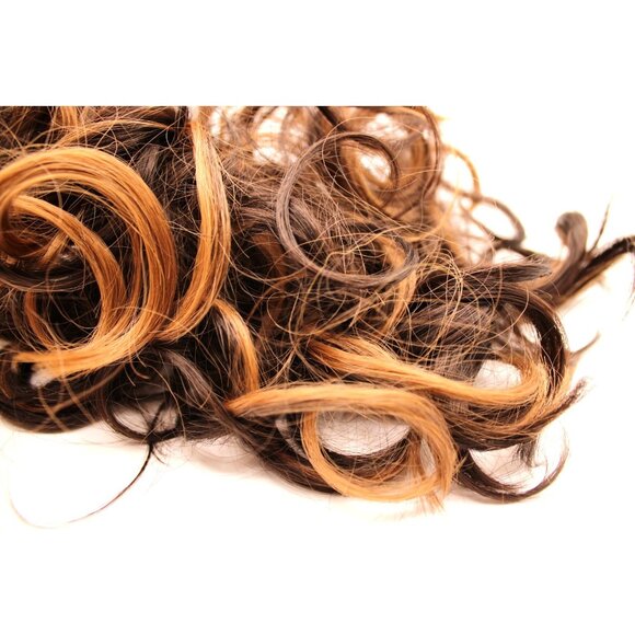 Curly Clip In Hair Extension 10" Ponytail Bun Brown Caramel Highlights Claw Clip - Picture 6 of 10